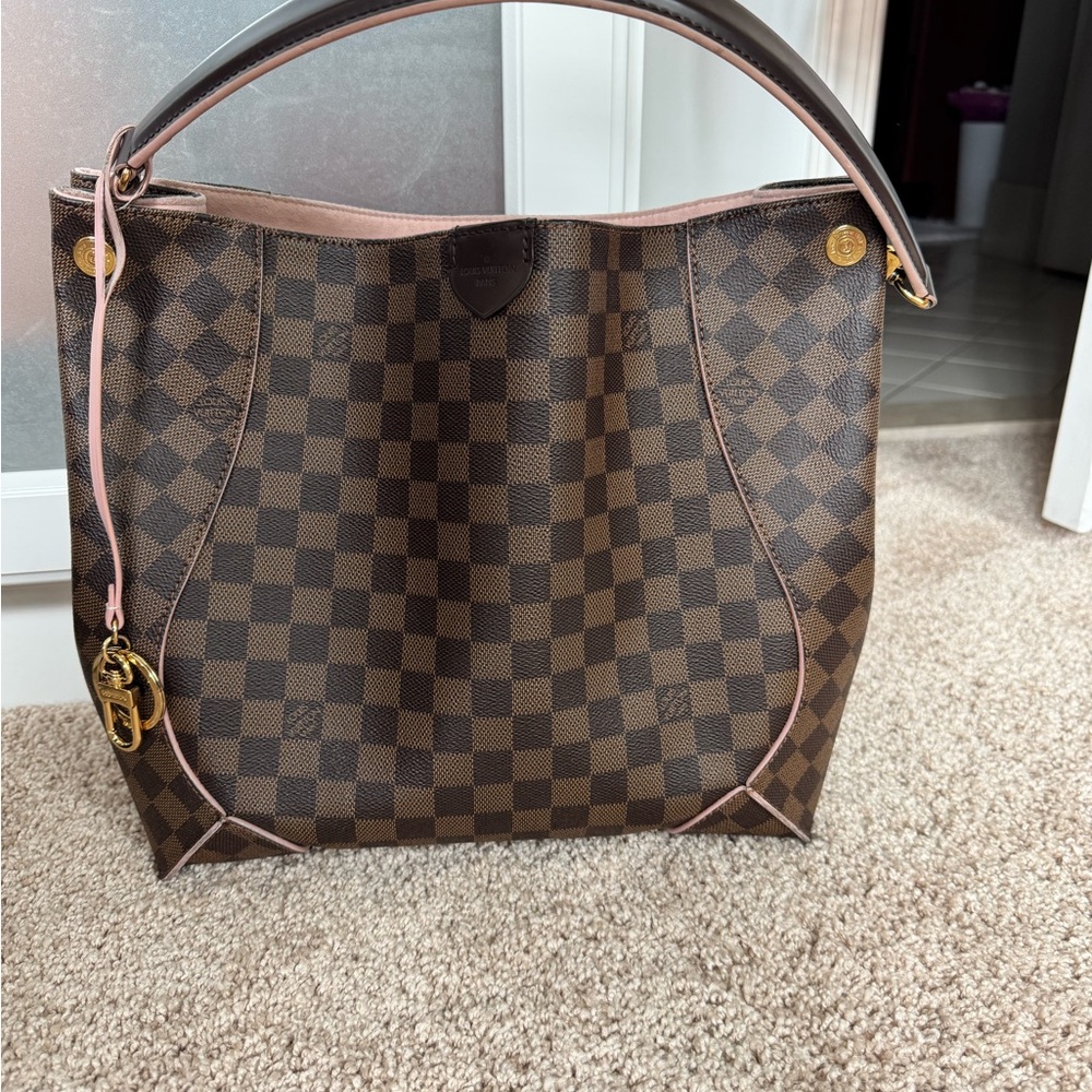 Louis Vuitton Brown Checkered Hobo Bag with Pink Trim